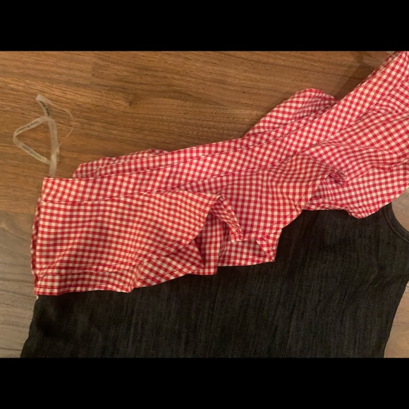 Womens One Piece Jean Romper With Red And White Gingham Ruffle size small - Picture 4 of 11